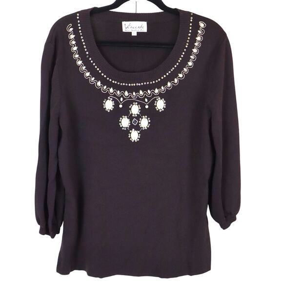 Vintage 90s Y2K Vincente Brown Sweater Beaded Sequin Rhinestone Large Pearl Bib - Picture 1 of 8